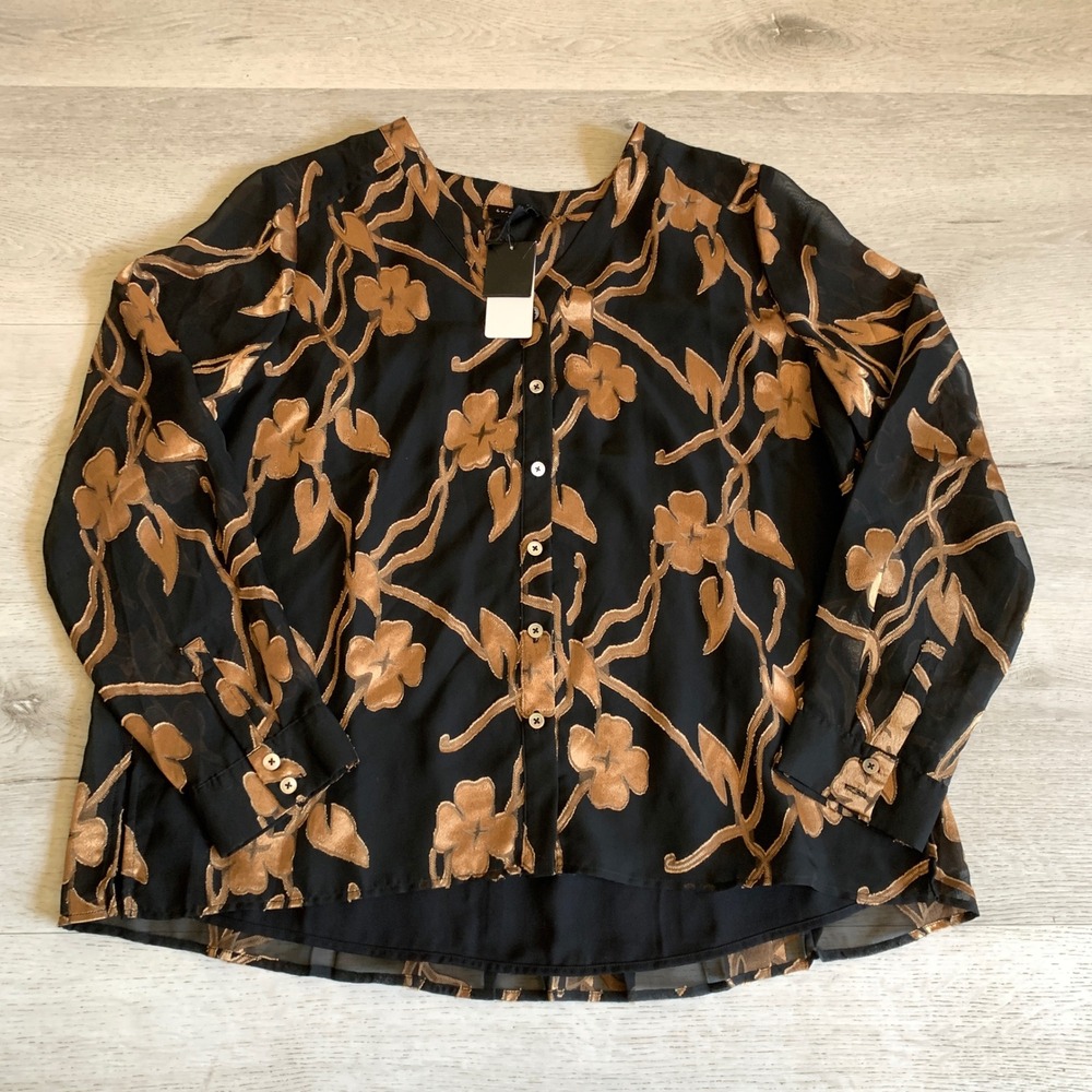Current Air Gold Floral Metallic Fil Coupe Blouse‎ Black V-Neck Top Large NWT